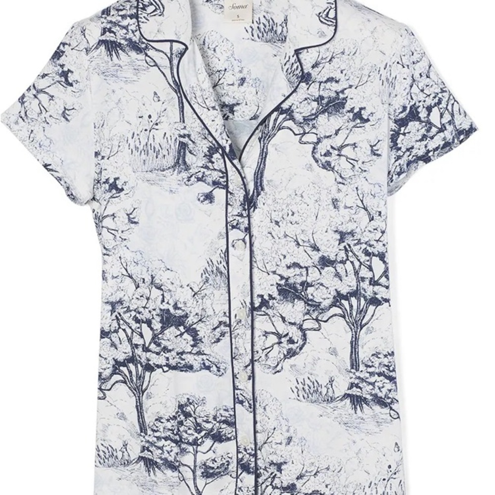 SOMA Cool Nights Short Sleeve Notch Collar Pajama Top Blue White Size XSmall